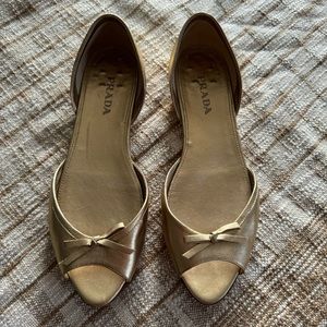 Prada Gold Leather D'Orsay Flats with Bow